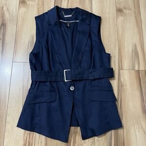 WHBM Women's Linen Blend Dobby Vest Sz 4 Navy Belted Sleeveless Blazer
